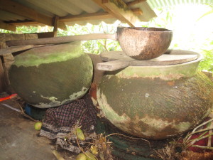 This is where you get your drinking water when you stay in people's homes.  Everyone has these earthen vessels.  They say it keeps the water fresh and cold.  The ladle on the top is made from a coconut shell.   I don't get the feeling it is too fresh because you never know what you might ladle up in that coconut shell!  Many floating things!